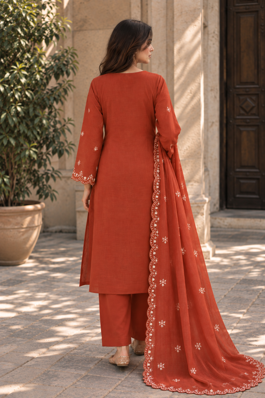 VEILA Luxury Embroidered Unstitched 3 Piece Suit – Rust Orange