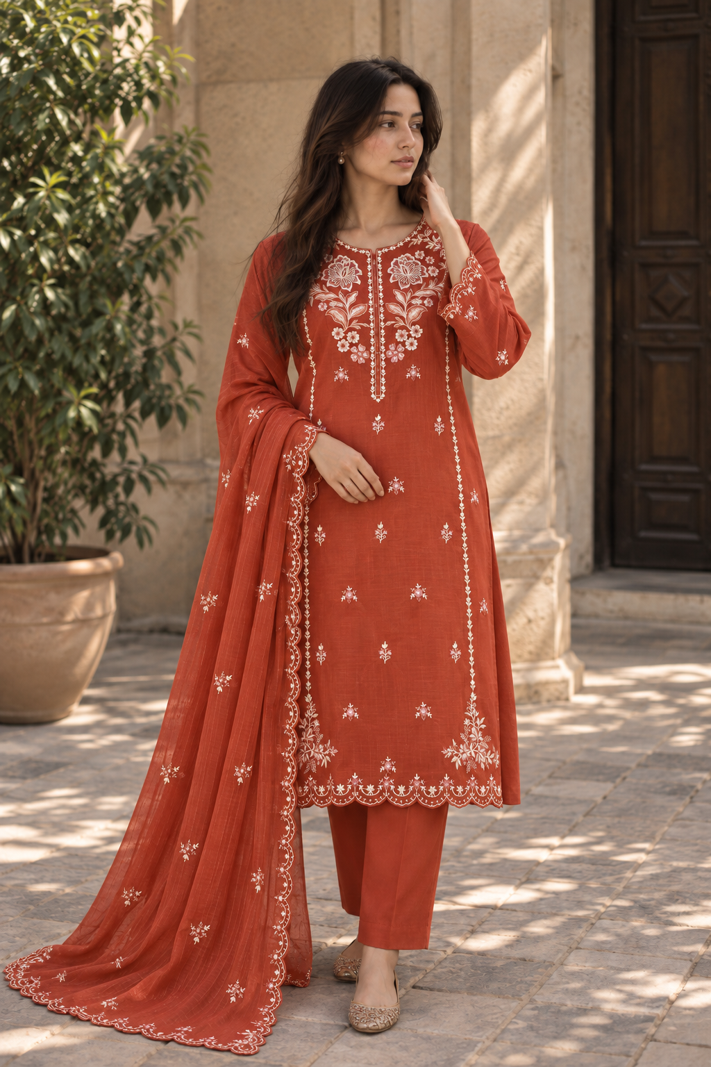 VEILA Luxury Embroidered Unstitched 3 Piece Suit – Rust Orange