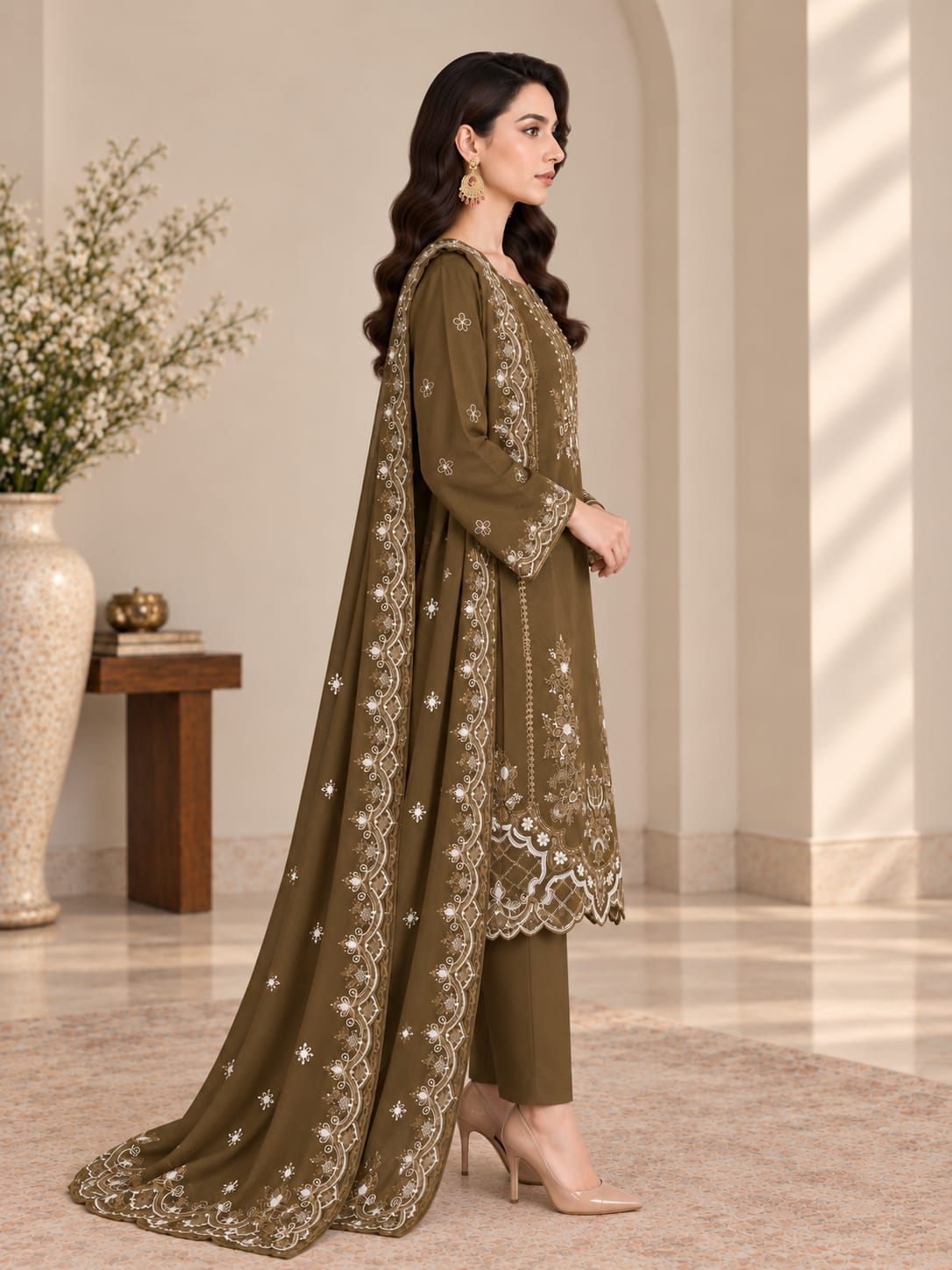 VEILA Luxury Embroidered Unstitched 3 Piece Suit – Olive Green