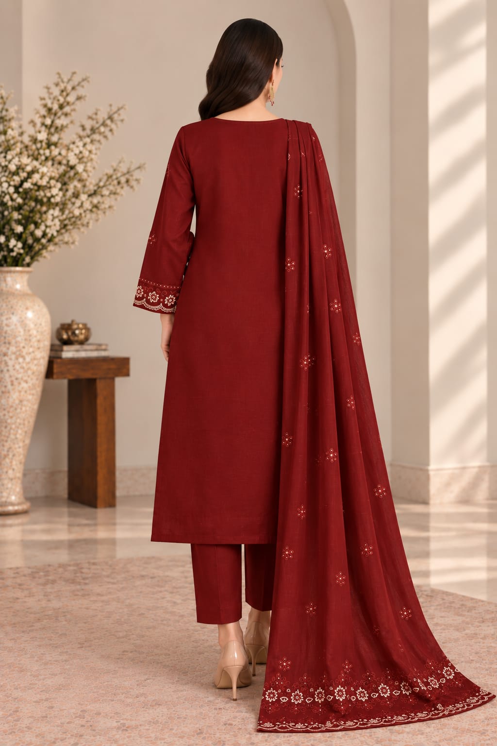 VEILA Luxury Embroidered 3 Piece Unstitched Lawn Suit – Deep Maroon