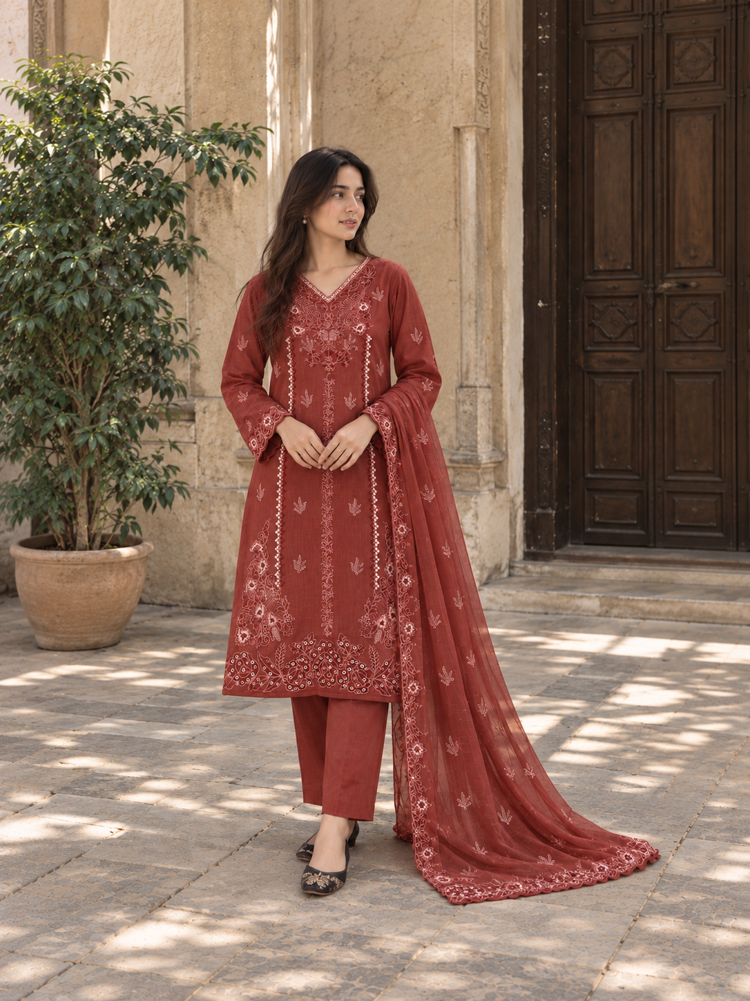 VEILA Luxury Embroidered Unstitched 3 Piece Suit – Rosewood Pink