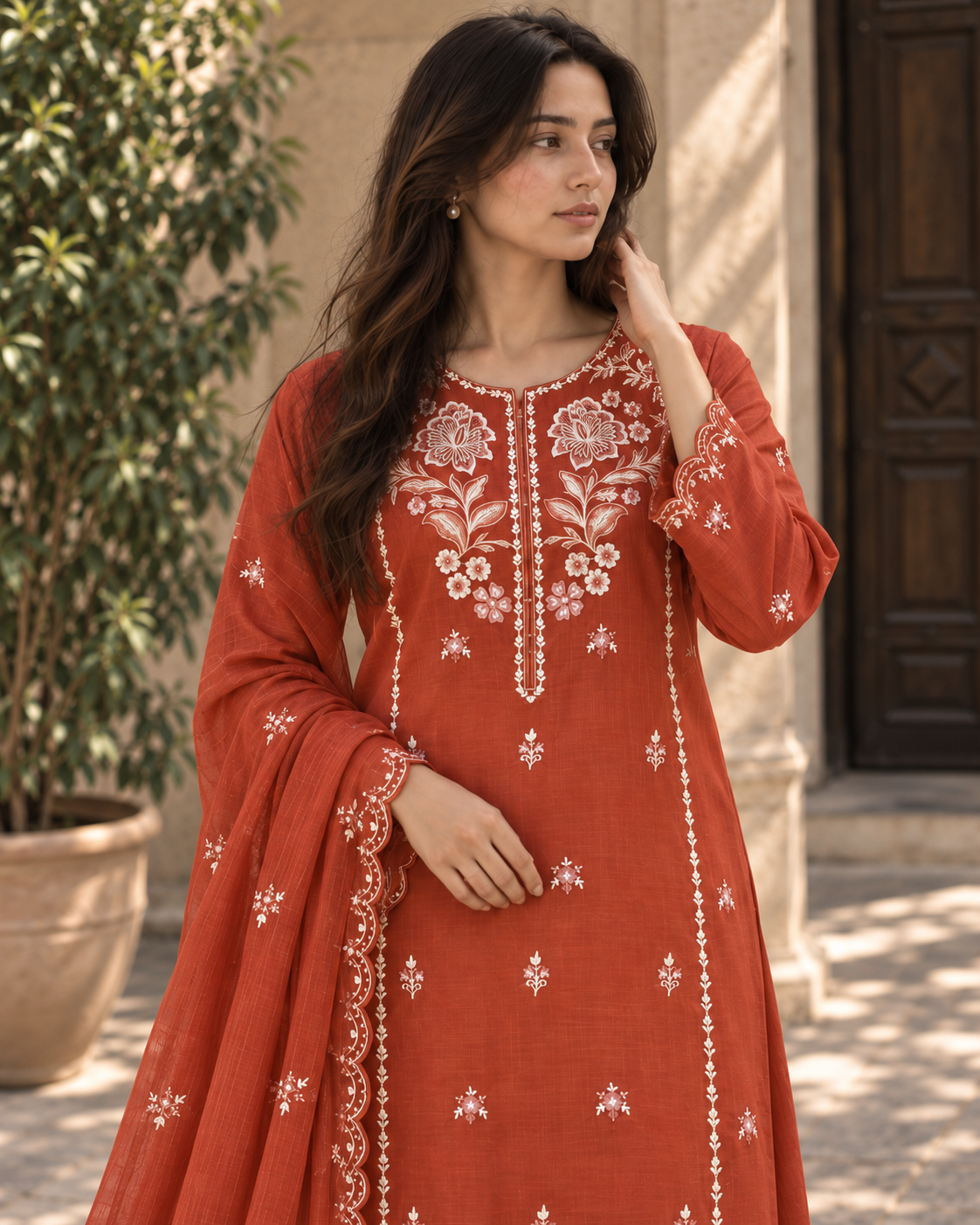VEILA Luxury Embroidered Unstitched 3 Piece Suit – Rust Orange