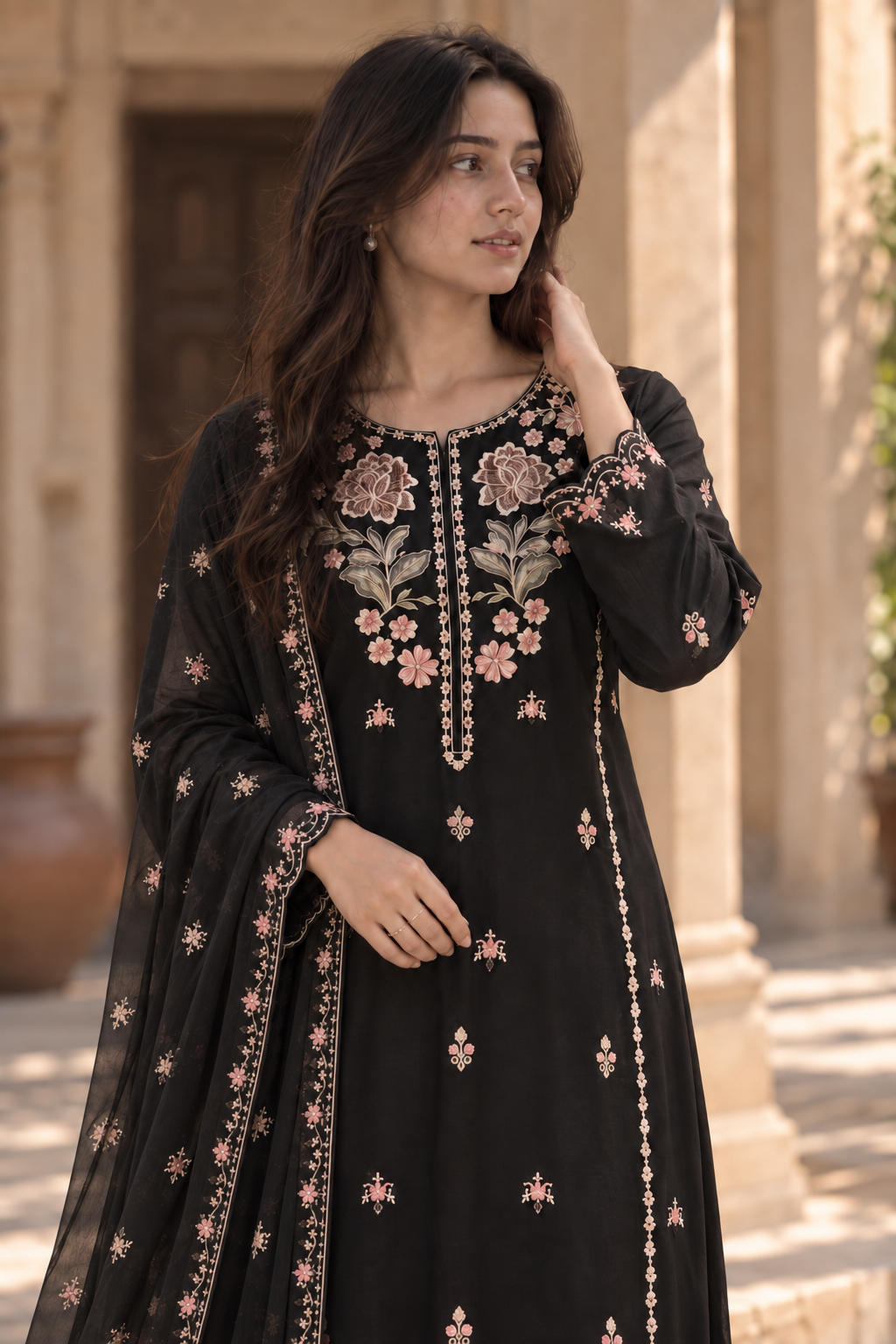 VEILA Luxury Embroidered Unstitched 3 Piece Suit – Classic Black