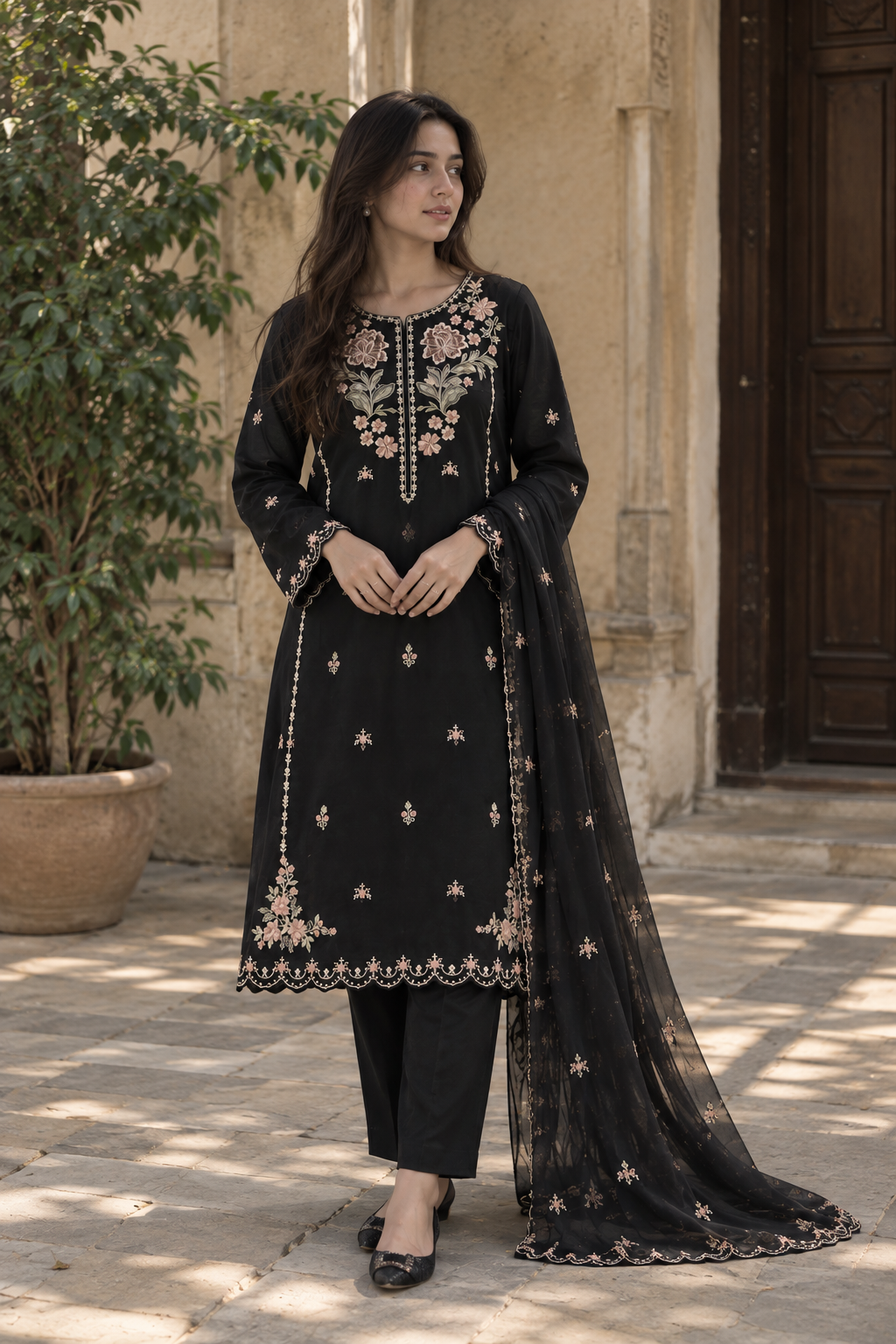 VEILA Luxury Embroidered Unstitched 3 Piece Suit – Classic Black