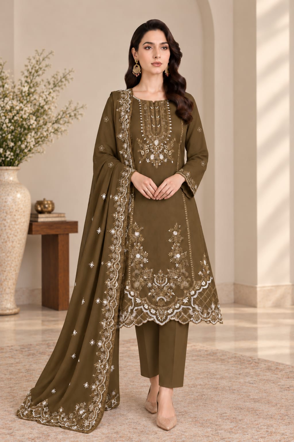 VEILA Luxury Embroidered Unstitched 3 Piece Suit – Olive Green