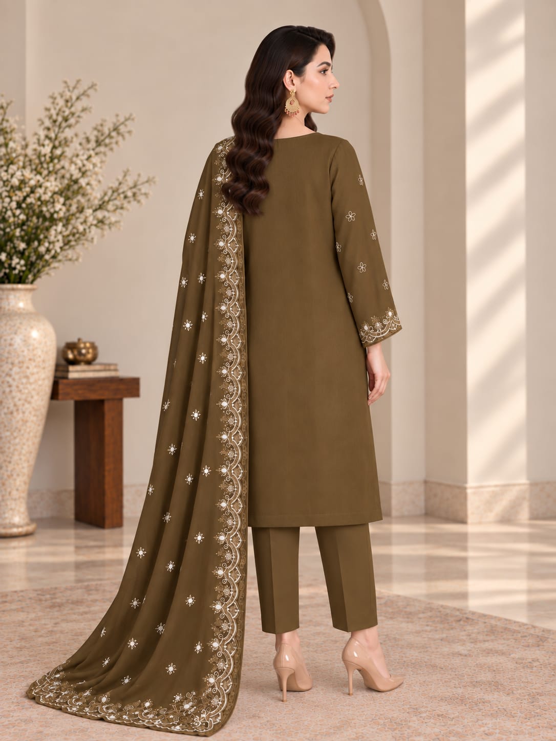 VEILA Luxury Embroidered Unstitched 3 Piece Suit – Olive Green