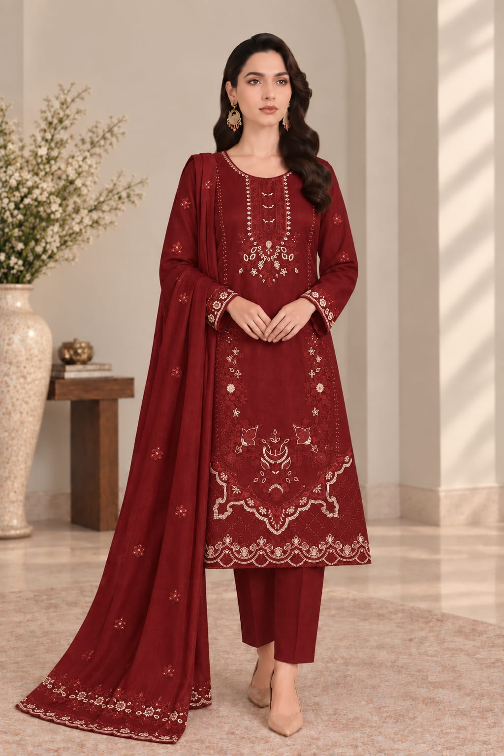 VEILA Luxury Embroidered 3 Piece Unstitched Lawn Suit – Deep Maroon