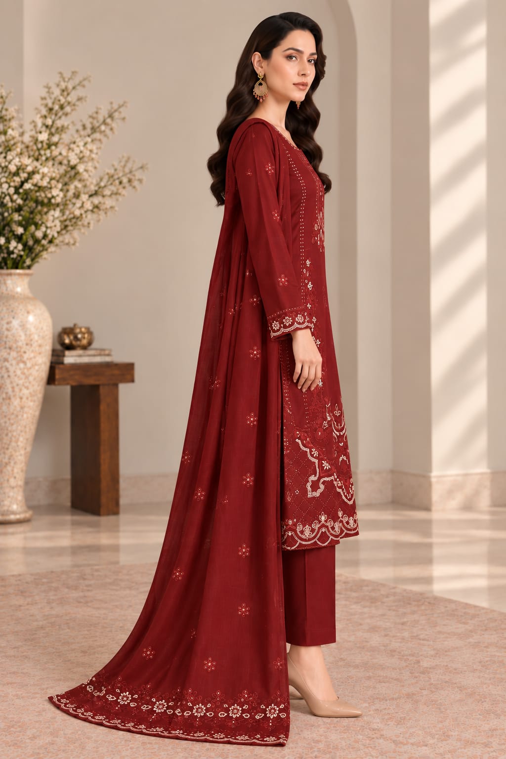 VEILA Luxury Embroidered 3 Piece Unstitched Lawn Suit – Deep Maroon