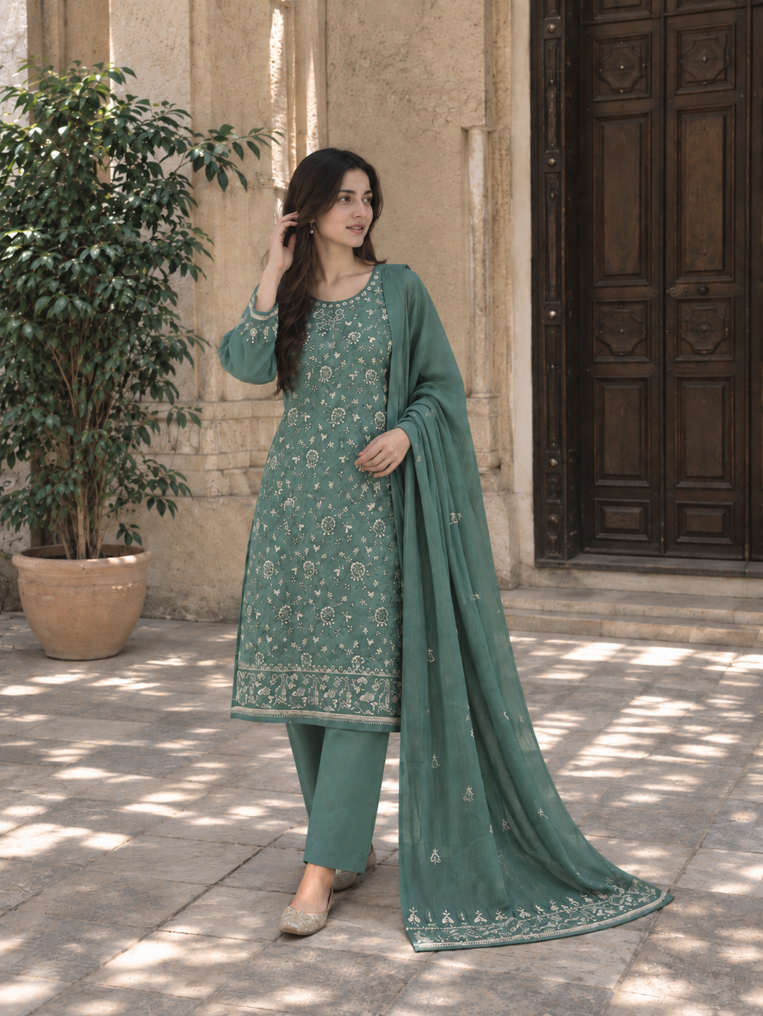 VEILA Luxury Embroidered Unstitched 3 Piece Suit – Sage Mint Green